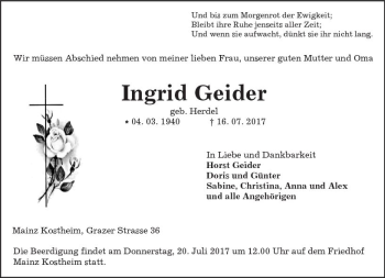 Traueranzeige von Ingrid Geider von Trauerportal Rhein Main Presse