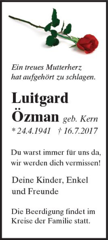 Traueranzeige von Luitgard Özman von Trauerportal Echo Online