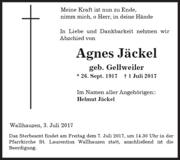 Traueranzeige von Agnes Jäckel von Trauerportal Rhein Main Presse