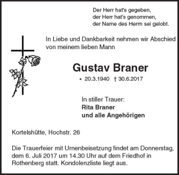 Traueranzeige von Gustav Braner von Trauerportal Echo Online