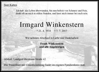 Traueranzeige von Irmgard Winkenstern von VRM Trauer