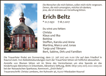Traueranzeige von Erich Beltz von Trauerportal Rhein Main Presse