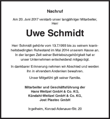 Traueranzeige von Uwe Schmidt von Trauerportal Rhein Main Presse