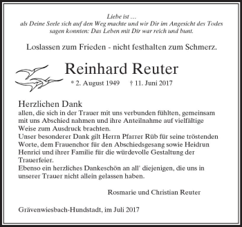 Traueranzeige von Reinhard Reuter von  Usinger Anzeiger