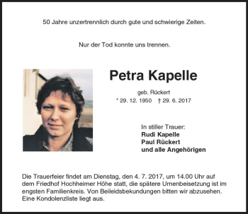 Traueranzeige von Petra Kapelle von Trauerportal Rhein Main Presse