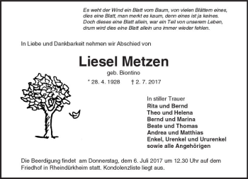 Traueranzeige von Liesel Metzen von Trauerportal Rhein Main Presse