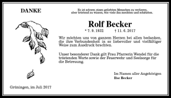 Traueranzeige von Rolf Becker von  Gießener Anzeiger