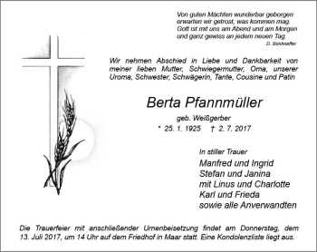Traueranzeige von Berta Pfannmüller von VRM Trauer