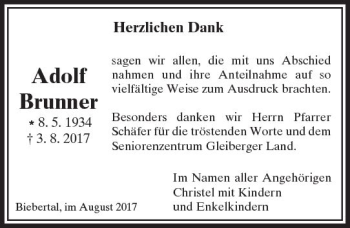 Traueranzeige von Adolf Brunner von  Gießener Anzeiger