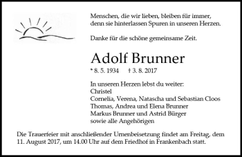Traueranzeige von Adolf Brunner von  Gießener Anzeiger