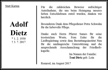 Traueranzeige von Adolf Dietz von VRM Trauer