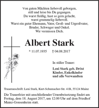 Traueranzeige von Albert Stark von Trauerportal Rhein Main Presse