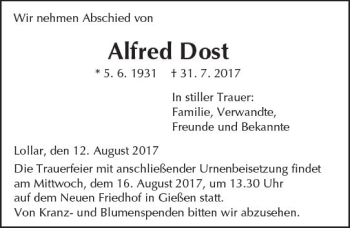 Traueranzeige von Alfred Dost von  Gießener Anzeiger