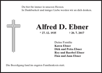 Traueranzeige von Alfred D. Ebner von Trauerportal Rhein Main Presse