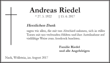 Traueranzeige von Andreas Riedel von Trauerportal Rhein Main Presse