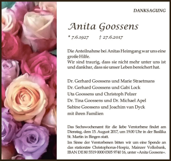 Traueranzeige von Anita Goossens von Trauerportal Rhein Main Presse
