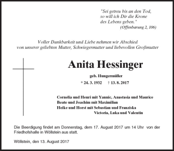 Traueranzeige von Anita Hessinger von Trauerportal Rhein Main Presse