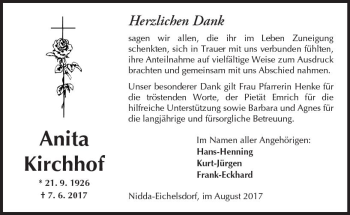 Traueranzeige von Anita Kirchhof von  Kreisanzeiger