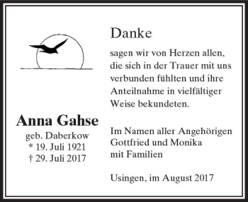 Traueranzeige von Anna Gahse von  Usinger Anzeiger