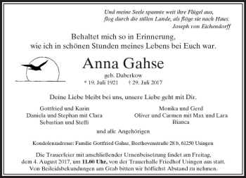 Traueranzeige von Anna Gahse von  Usinger Anzeiger