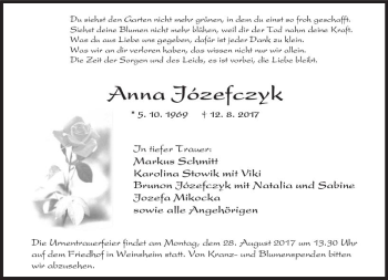 Traueranzeige von Anna Jozefczyk von Trauerportal Rhein Main Presse