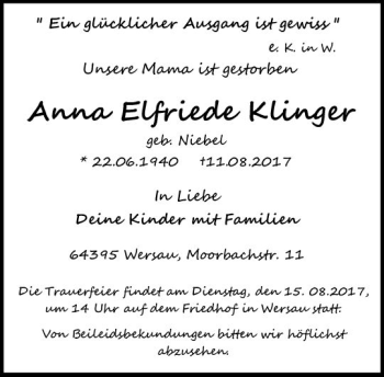Traueranzeige von Anna Elfriede Klinger von Trauerportal Echo Online