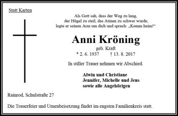 Traueranzeige von Anni Kröning von VRM Trauer