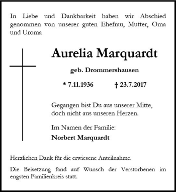 Traueranzeige von Aurelia Marquardt von Trauerportal Rhein Main Presse