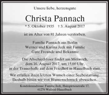 Traueranzeige von Christa Pannach von  Usinger Anzeiger