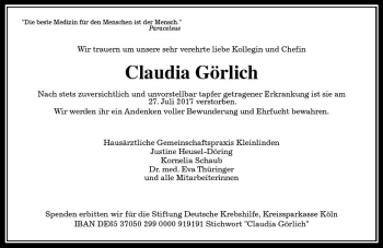 Traueranzeige von Claudia Görlich von  Gießener Anzeiger