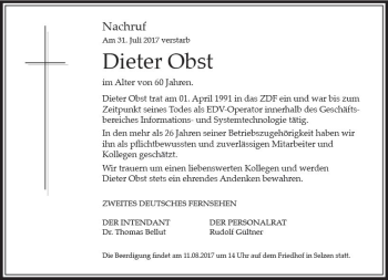 Traueranzeige von Dieter Obst von Trauerportal Rhein Main Presse