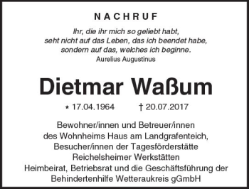 Traueranzeige von Dietmar Waßum von  Kreisanzeiger
