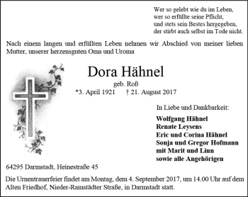 Traueranzeige von Dora Hähnel von Trauerportal Echo Online