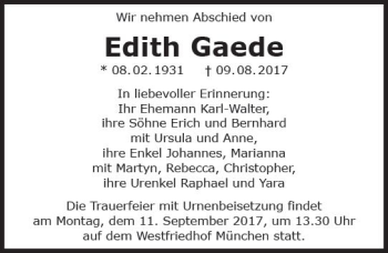 Traueranzeige von Edith Gaede von Trauerportal Echo Online