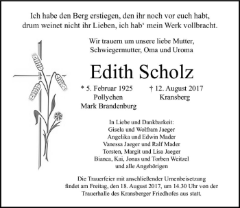 Traueranzeige von Edith Scholz von  Usinger Anzeiger