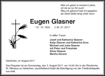 Traueranzeige von Egon Glasner von  Camberger Anzeiger