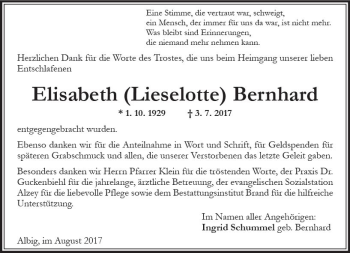 Traueranzeige von Elisabeth  Bernhard von Trauerportal Rhein Main Presse