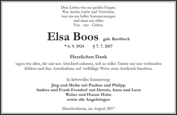 Traueranzeige von Elsa Boos von Trauerportal Rhein Main Presse