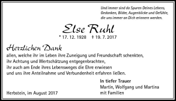 Traueranzeige von Else Ruhl von VRM Trauer