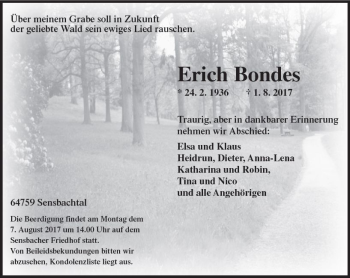 Traueranzeige von Erich Bondes von Trauerportal Echo Online