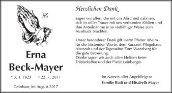 Traueranzeige von Erna Beck-Mayer von  Kreisanzeiger