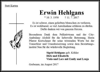 Traueranzeige von Erwin Hehlgans von VRM Trauer