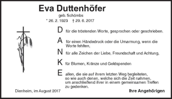 Traueranzeige von Eva Duttenhöfer von Trauerportal Rhein Main Presse