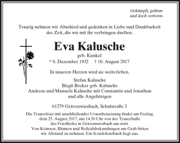 Traueranzeige von Eva Kalusche von  Usinger Anzeiger