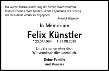Traueranzeige von Felix Künstler von VRM Trauer