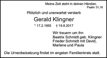 Traueranzeige von Gerald Klingner von Trauerportal Echo Online