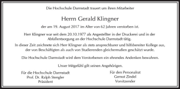 Traueranzeige von Gerald Klingner von Trauerportal Echo Online