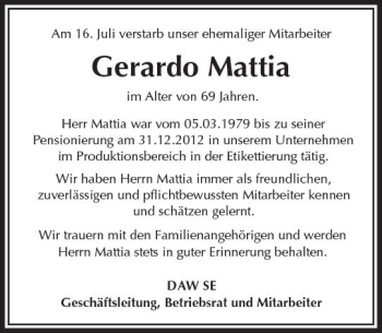 Traueranzeige von Gerardo Mattia von Trauerportal Echo Online