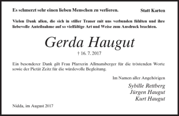 Traueranzeige von Gerda Haugut von  Kreisanzeiger