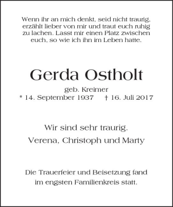 Traueranzeige von Gerda Ostholt von  Camberger Anzeiger